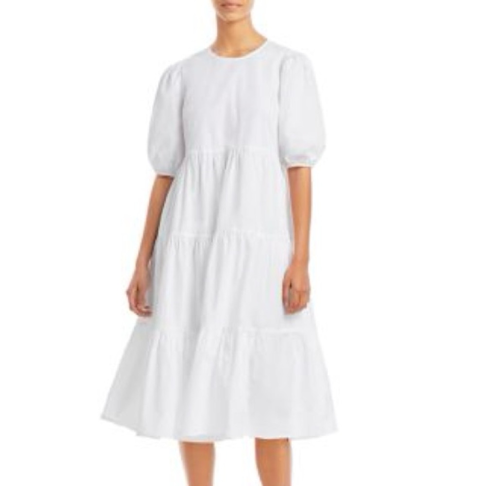 Aqua White Midi Dress with Puff Sleeves
